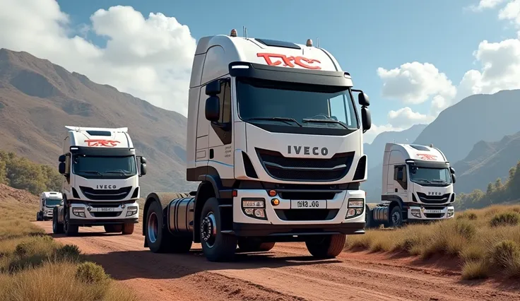 Several super realistic heavy duty trucks from the IVECO brand ,  the white tractor and the initials TRC red on the top of the tractor. And in the background a landscape of PERU