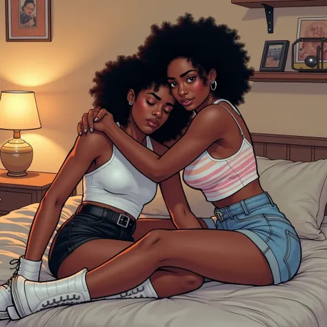 create in a comic book style an emotional and supportive scene set in a cozy bedroom. Amara and Kenia, two young Black women of the same age, sit on a neatly made bed with warm, soft lighting enhancing the comforting atmosphere.

Amara, with shoulder-lengt...