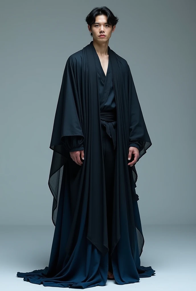 Ethereal mens clothing that looks pure and elegant, black and bluish colors ,  flowing fabric like a school uniform 