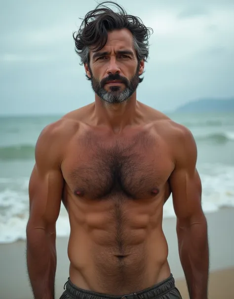 masterpiece, best quality, high resolution, closeup view portrait, male focus, solo focus, A man, 35 years old, dark and slightly grey hair, full nude, revealing huge bulge in pants, beach hair, messy hairstyle, cute and seductive face, bare chest, body ha...