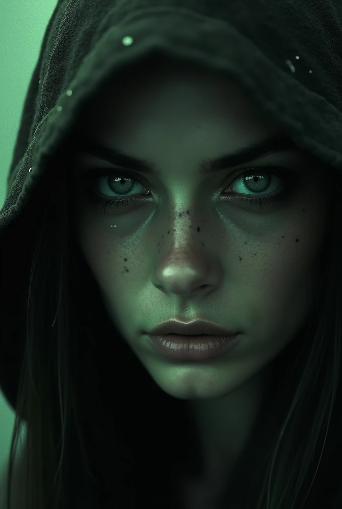 A close-up of a warriors eyes, capturing the hypnotic intensity and determination within. The black and white palette enhances the depth and shadows around her eyes, while the green light adds an eerie glow. Her pupils move slightly, attentive to unseen da...