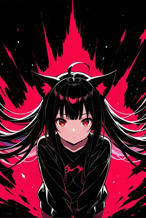  ((1 Cat Girl)) cat ears ((black long hair, Ahoge, straight bangs,)), Long black hair, ((beautiful red eyes)),Limited palette, Black background,colorful,vibrant, shiny outline ,neon,Blacklight,any pose, dynamic, Behavior