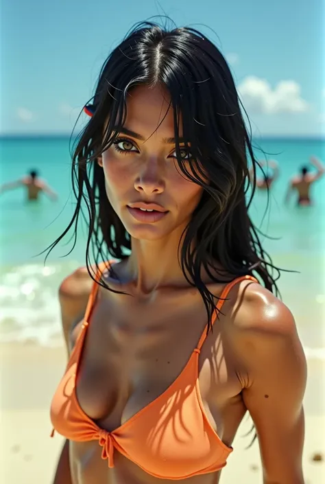 color photo of: a young woman with black straight hair, black eyes, and a beautiful body, details of her delicate features, elegant posture, and confident expression, a vibrant beach setting with turquoise waters and golden sand, a lively and energetic vib...