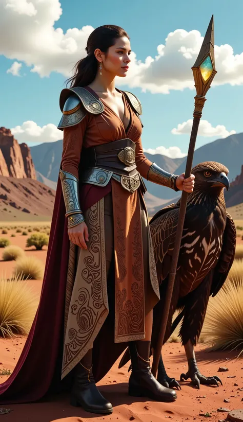 A 3D ultra-realistic scene in 8K resolution showcasing a captivating Australian mage standing tall, her gaze directed toward the camera with an air of quiet authority. She wears a flowing cloak adorned with intricate Aboriginal patterns, its earthy colors ...