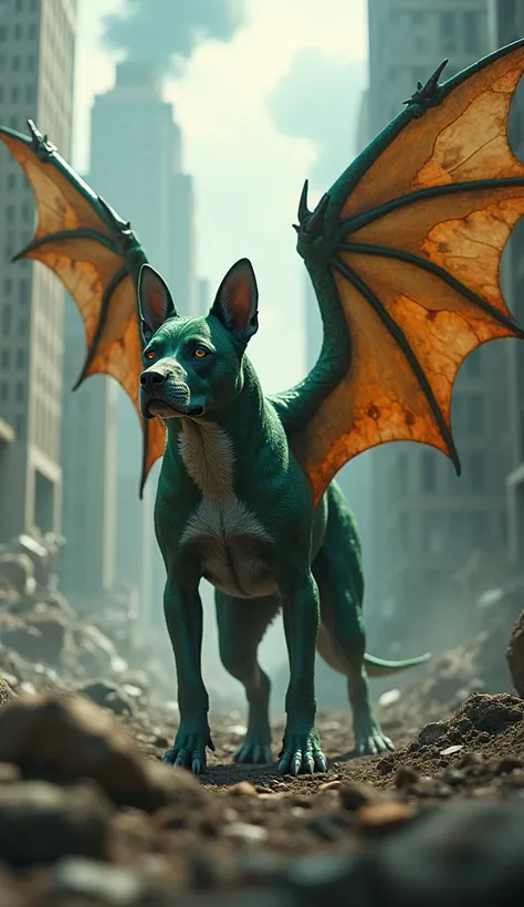 A dog with a dragons wing , He is in a post-apocalypse scenario