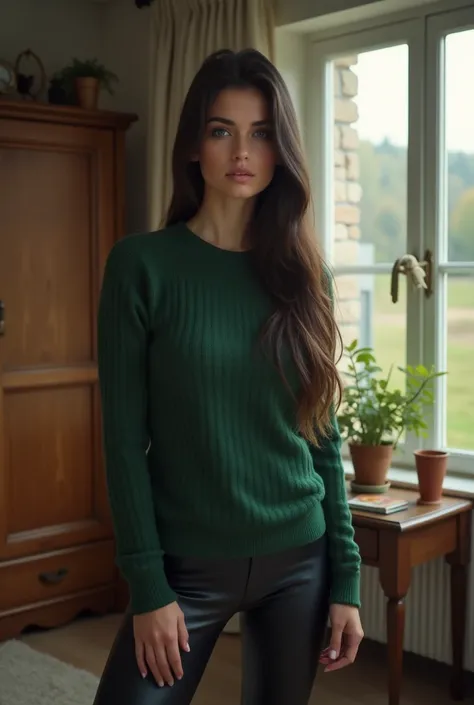 (Masterpiece 1.9), (digital art 1.9), (focus 1,8), (realistic 1.9) very beautiful one 21 year Czech girl, very beautiful face, very beautiful blue eyes, black-brown long straight hair, nice thin figure, big expressive ass, green sweater, very tight leather...