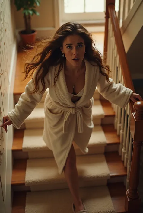  Woman in bathrobe and slippers tumbling backwards down the stairs 