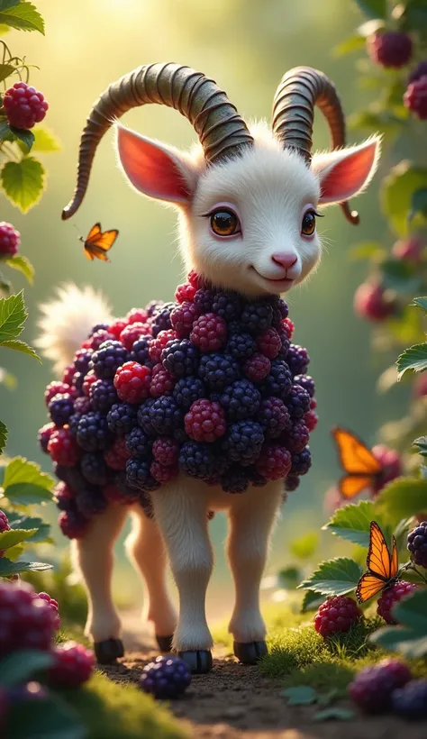 A hyper-realistic depiction of a "Berrygoat," an enchanting fusion of a small goat and a cluster of blackberries. The Berrygoat has the compact and agile body of a goat, with short, soft fur in a creamy white shade that transitions into a rich, deep purple...