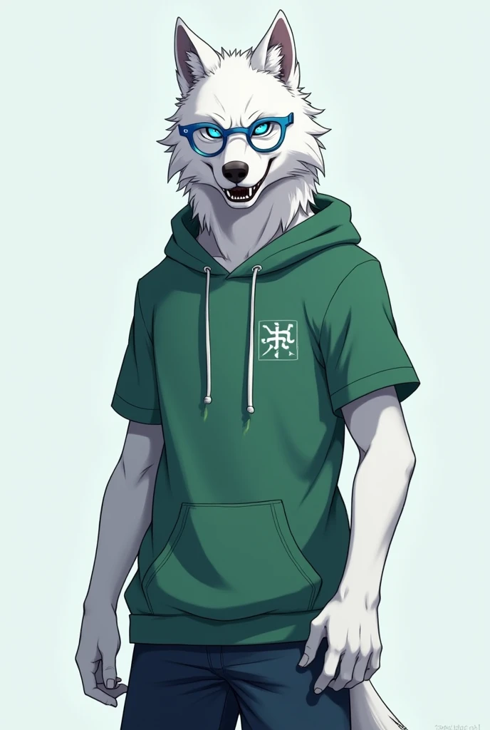 White werewolf blue eyes green short sleeve hoodie blue glasses anime shorts