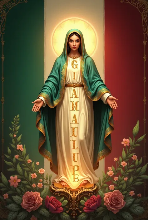 Text that says the patron saint in the letters on the background of the Mexican flag