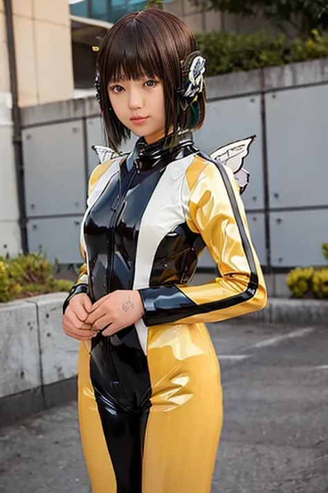    girl with wings like a bee is wearing a latex catsuit。 A 