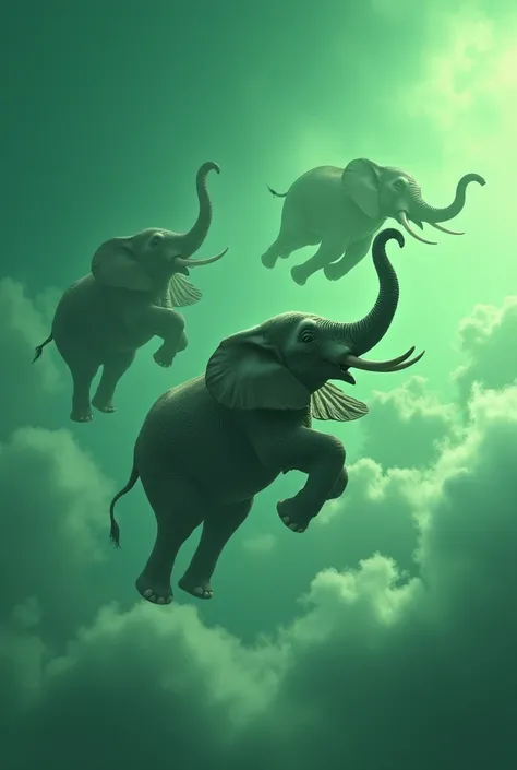 Elephants flying in the emerald green sky