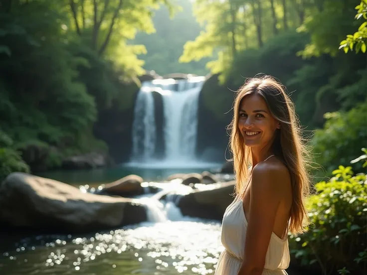 ultra-realistic, photograph, tranquil peaceful waterfall in the forest, beautiful, woman age 40, long flowing hair, sun dress, smiling, facing the camera