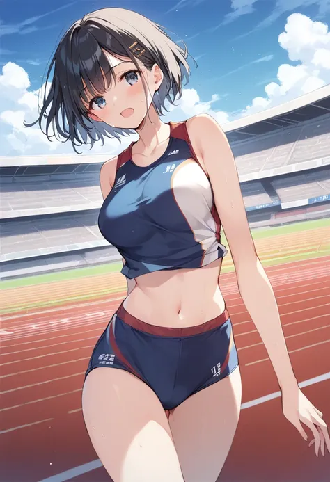 ((((wearing Track and Field athlete)))),((midriff peek)),(buruma),face like a rutting heat,open mouth,Medium breasts,anime colored,black hair,short hair,(straight hair),(((5years old teen))),((Track and Field stadium)),masterpiece,super detailed,HD,good an...