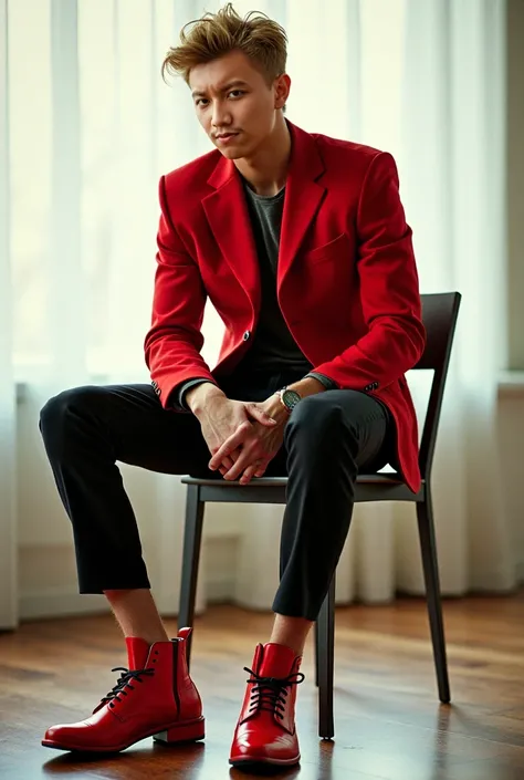 a man sitting on top of a chair wearing red shoes, travis touchdown, keita morimoto, by Ueda Fumito, kastuhiro otomo, vman magazine, magazine photo from 2007, miura kentaro, yuichi kato, magazine photo, tetsuo hara, +81 magazine, comme des garcon campaign,...