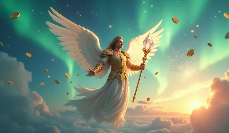 A majestic male archangel ,  wearing gold armor with details in brilliant sky blue ,  float in the sky as northern lights dance in the background .  He holds a translucent crystal scepter ,  who radiates a multicolored light .  Gold and silver coins float ...