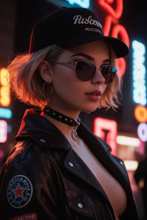 Close-up do rosto, Alternative girl,  looking over black sunglasses, jacket, collar,  neon light reflections on the skin, earring, makeup,  skin imperfections ,  short hair, hat, neon light background , low light,  depth of field , highly detailed,  high c...