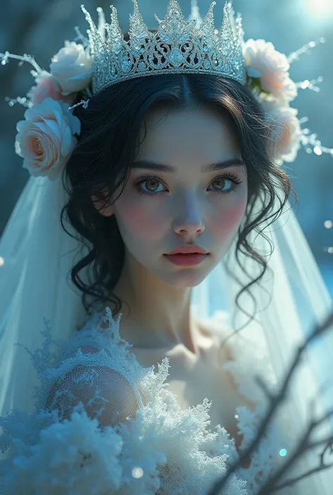 a mysterious lady with beautiful eyes with her curls slightly covering her face with a frozen queen crown and roses and a veil