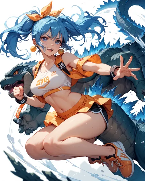 chica estilo anime,  blue hair clothing with 2 pigtails, Breasts 34C, With Godzillas tail,  battle pose,  white background