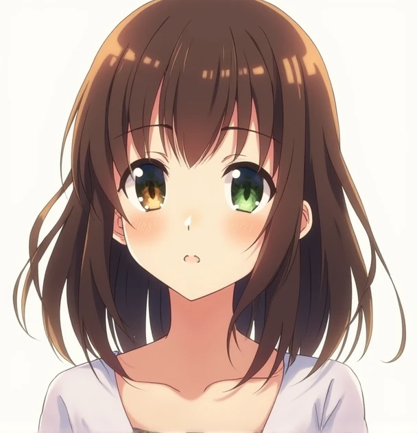 une photo de profil manga animer ,fille , One green eye and one brown eye ,semi long brown hair with bangs , avec un fond blanc et limage prise de plus loin