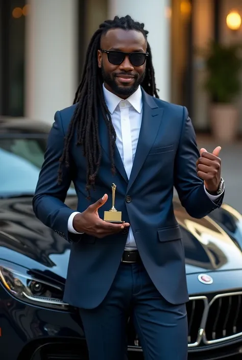 A black man with dreadlocks, wearing dark glasses , a blue business suit, posing next to his luxury automobile, holding up a music award.