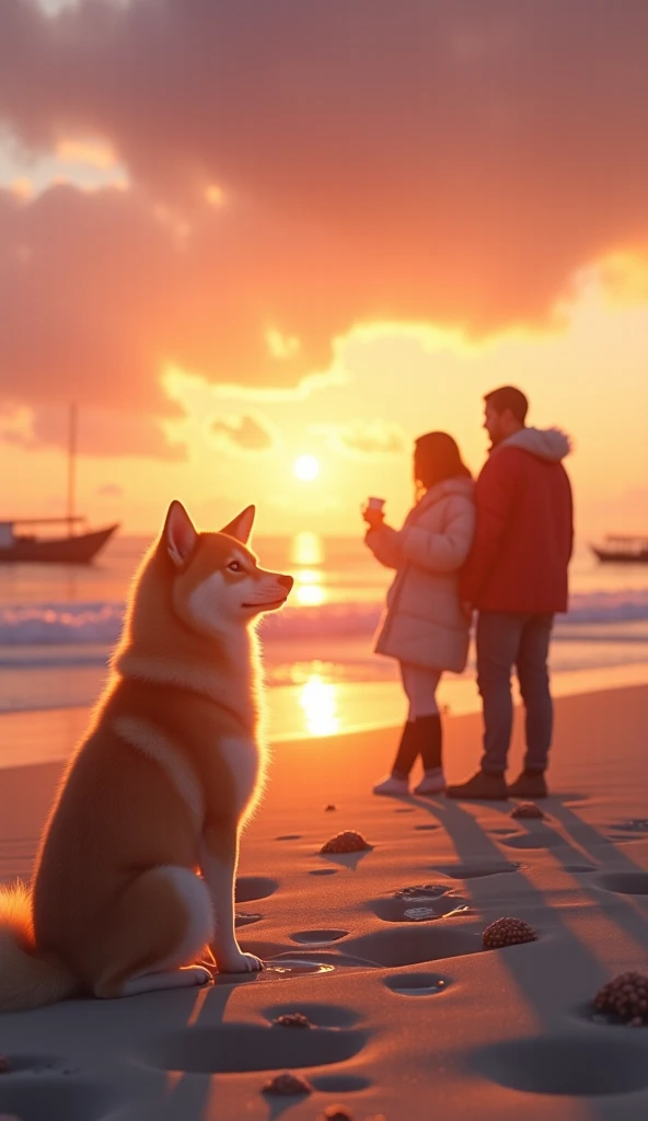 In the early morning of winter, a Shiba Inu is gazing intently at the first sunrise of the New Year from a tranquil beach. The vibrant orange light of the sunrise reflects on the gentle waves of the ocean, with a vast expanse of sea meeting the horizon, cr...