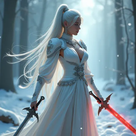 Most beautiful woman, hot and sexy body, background frost,  right holding a holy sword , lift holding dark sword, giving really cool pose, fantasy clothes, luxurious fantasy clothes, Armor clothes, royalty clothes, white hair, absently long hair, hair flyi...