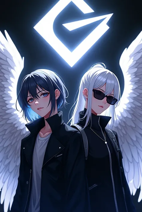 White angelic jins black jacket black sun glasses gaming logo cartoon form anime 