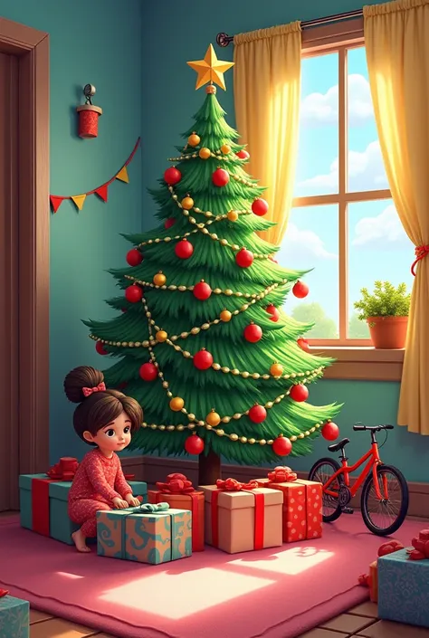 Gifts Under the Tree
Image prompt: A colorful scene with Emmas Christmas tree in the center, surrounded by wrapped gifts, including a doll and a bike, with a festive holiday background.
Dress color: Emmas pajamas or a matching holiday dress.