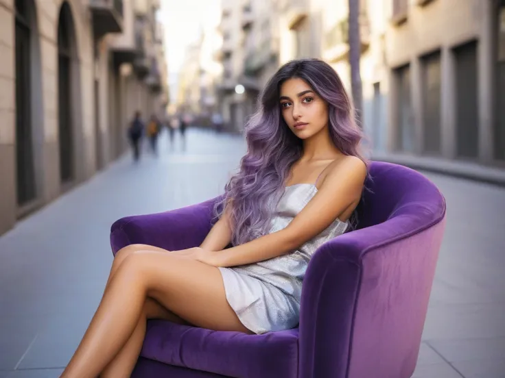 Photograph of beautiful 25-year-old woman sitting in an armchair,  hair dyed in a gradient of unusual colors,  like metallic violet that melts into pearl gray,  long hair,  wavy hair, olive-tone skin , big eyes bright amber ,  in the city of Barcelona 