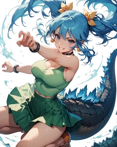 chica estilo anime,  blue hair clothing with 2 pigtails, Breasts 34C, With Godzillas tail,  battle pose,  green and white short skirt, Green top with white ,  white background