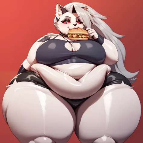 Loona Helluva Boss, (Fat body), (sexy pose), ((Furry)), (ssbbw), (very obese), (perfect fat anatomy), (belly soft like a marshmellow), (eating fast food), (home background), ((ONLY 1 Character)), (black latex shorts)