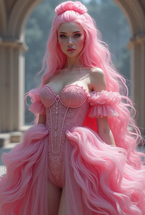 A futa girl with pink make up and pink hair in a big pink dress