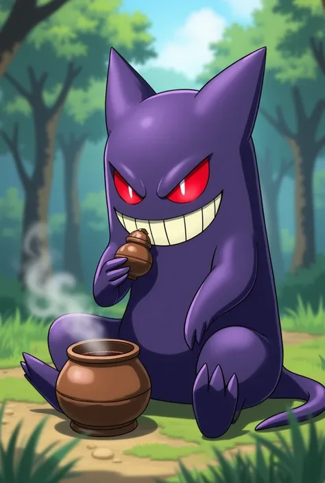 Crea al pokemon "Gengar" Drinking mate in the style of the Pokemon anime.