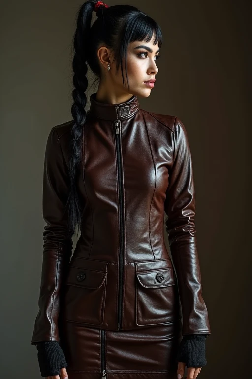  Fashion portrait photograph of an intense woman ,  dressed in a wrinkled brown leather jacket ,  a wrinkled skirt tight gloves ,  with a straight black haircut and a single long braided ponytail,  spectacular lighting , depth of field that emphasizes  