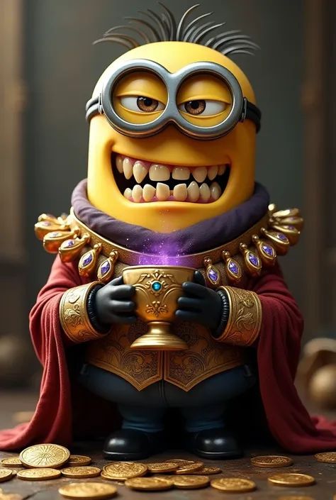 Minion, money, gold teeth, cup with purple liquid, angry, 