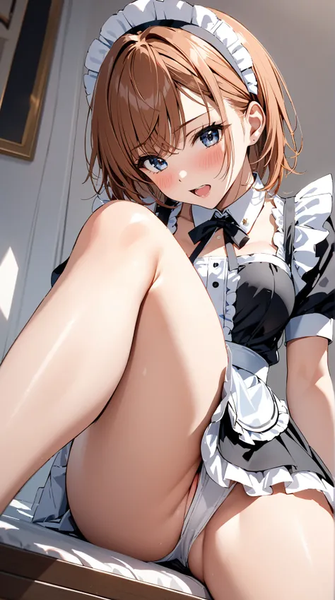  maid clothes, whole body, blush, Ecstasy face,  lower angle ,  open leg , (Misaka Mikoto), masterpiece:1.5, masterpiece, highest quality, UHD, retina, masterpiece, accurate anatomy, super detailed, high quality, best quality, 8k