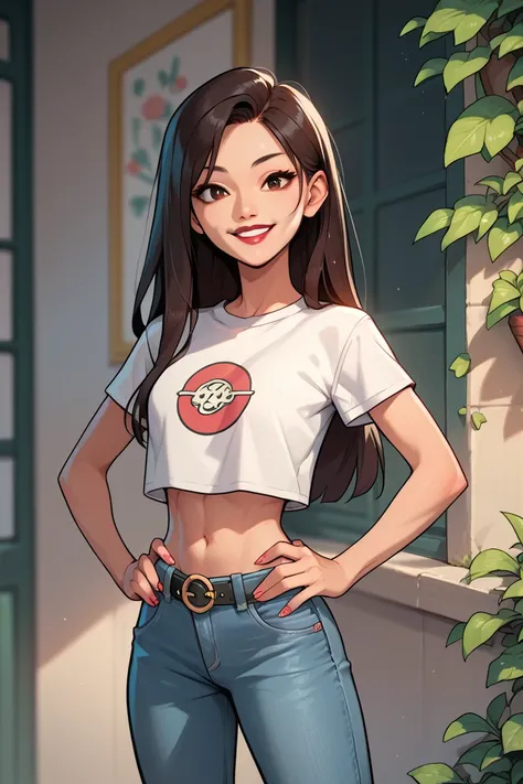 Asian woman, long hair, solo, wearing lipstick, small white t-shirt, crop top, jeans, belt, midriff, navel, groin, smile, hands on hips