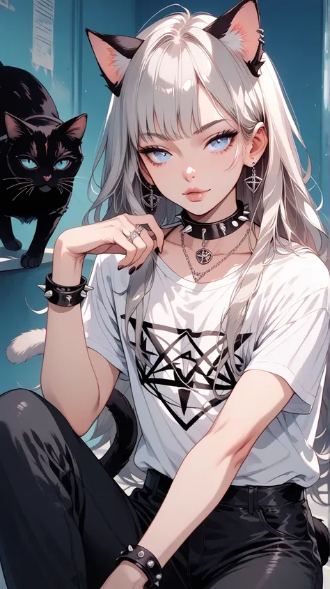 A trans man he is a Neko he has black long hair gray-blue eyes a female face a female body has two black cat ears on his back and a cat tail he wears a blogged flannel shirt underneath a black t-shirt black pants with holes on the knees a spiked collar wit...