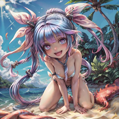 (masterpiece), (best quality), (ultra-detailed), photorealistic, (best illustration), (an extremely delicate and beautiful), 1girl, solo, full body, (iku:1.1), finely detailed iris, hair accessory, smile, blue sky, sunlight, diffraction spikes, twintails, ...