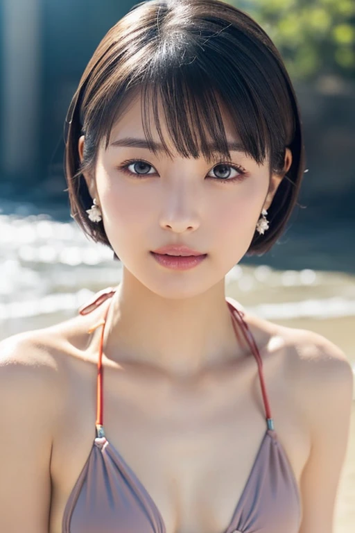  1 girl, ( stressless micro bikini :1.5), ( staring at the camera)、 beautiful Japanese actress , (( small,  flat chest:1.5))、Photogenic, (( face close-up :1.5))、Snow Princess,  has long eyelashes,  snowflake earrings , stressless micro bikini 、
( RAW photo...