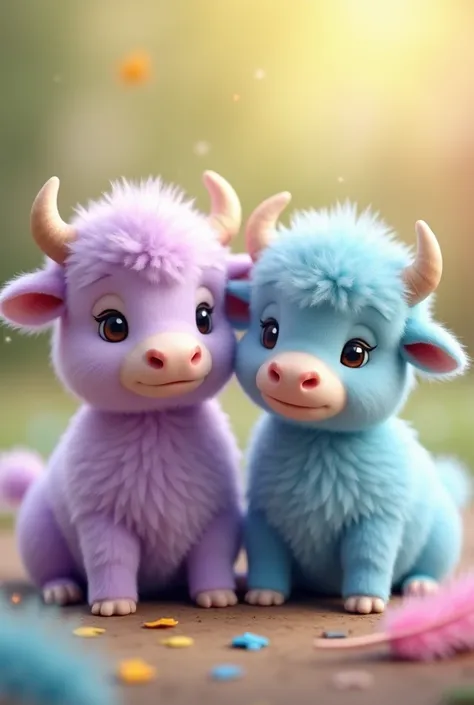 Two cute ultra-realistic oxen side by side ,  one with lilac plumage and the other light blue,  with soft and shiny feathers .  Blurred background with soft shades of yellow and green ,  conveying an atmosphere of warmth and tranquility .  colorful feather...