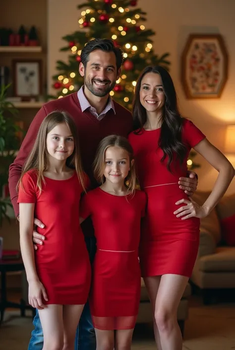 Photo Heic de la mère et du père avec leurs beaux enfants, jeunes filles de 10 ans, posant dans le salon devant le sapin de Noël. Filles portant du rouge transparent moulant, collants transparents.