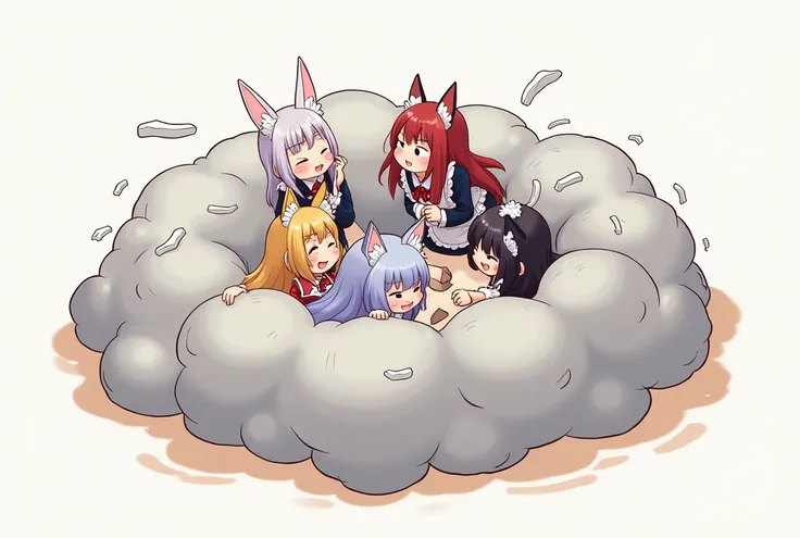 An anime-style art depicting many animal-maids playfully wrestling with each other inside a light gray comical fight cloud.
each maid has different colored hair.
their faces,hands,and feet are visible emerging from the cloud as they tussle humorously,  wit...