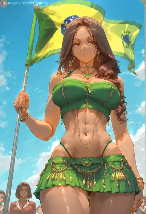 (cutesexyrobutts:0.8), digital painting Brazilian nationalist miniskirt, standing up, Latina, brown skin, straight curly brown hair, brown eyes, Brazilian flag skirt, and crop top, exposed navel, holding a flag, MILF, holding a flag with one hand, thong st...