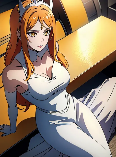  A woman wearing a celestial crown and a tight white dress, orange hair, yellow eyes, seductive look, mirando con intencion, fin flequillo, make up, makeup lip