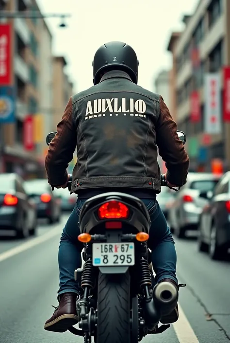 Delivery man drive motor cycle and wear jacket with Auxilio word