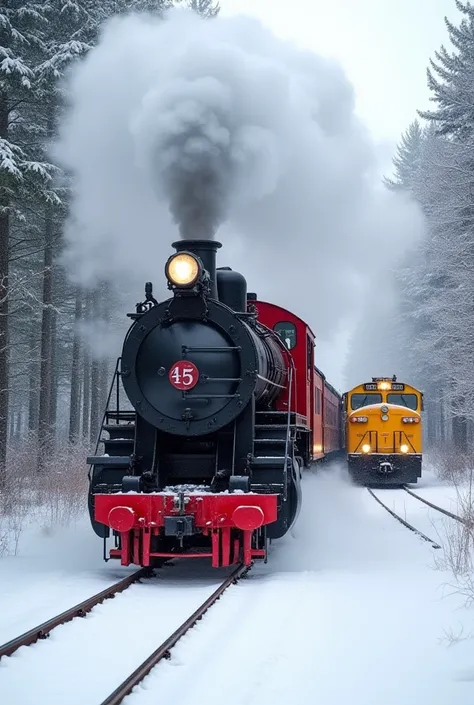 A 4-6-2 steam engine thats painted red, has a silver smoke box door, black wheels, and the number 45 painted on the sides of the cab.. Racing a yellow diesel engine through a snowy forest along snow covered rails with snow flying up on either side or the s...