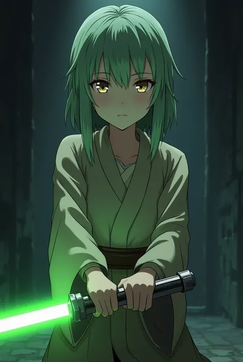 (Art work,  maximum quality,  Better quality, official art,  handsome and aesthetic :1.2) A female anime , Alone, former Jedi master , humble outfit, dark atmosphere, green lightsaber, used clothes, dungeon, close up,  determined expression ,  holding a li...