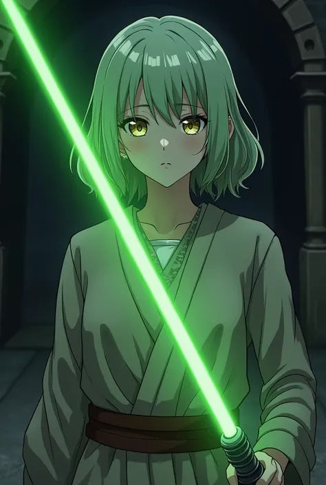 (Art work,  maximum quality,  Better quality, official art,  handsome and aesthetic :1.2) A female anime , Alone, former Jedi master , humble outfit, dark atmosphere, green lightsaber, used clothes, dungeon, close up,  determined expression ,  holding a li...